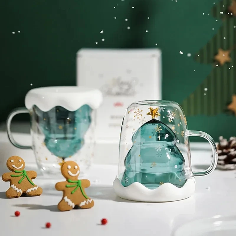 Чашка в виде рождественской елки, Двухслойная стеклянная чашка в виде рождественской елки, звезды, стакана для воды, снежинки, звезды, кружки с защитой от ожогов, Изолированные кружки, подарок для детей