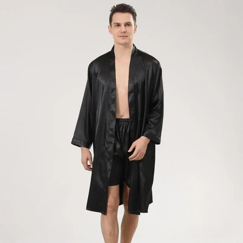Черный однотонный Халат и шорты, Мужской пижамный комплект с длинным рукавом, пижамы из 2 предметов, Атласный шелковистый халат, халат, Мужской комплект для сна, Кимоно, халат